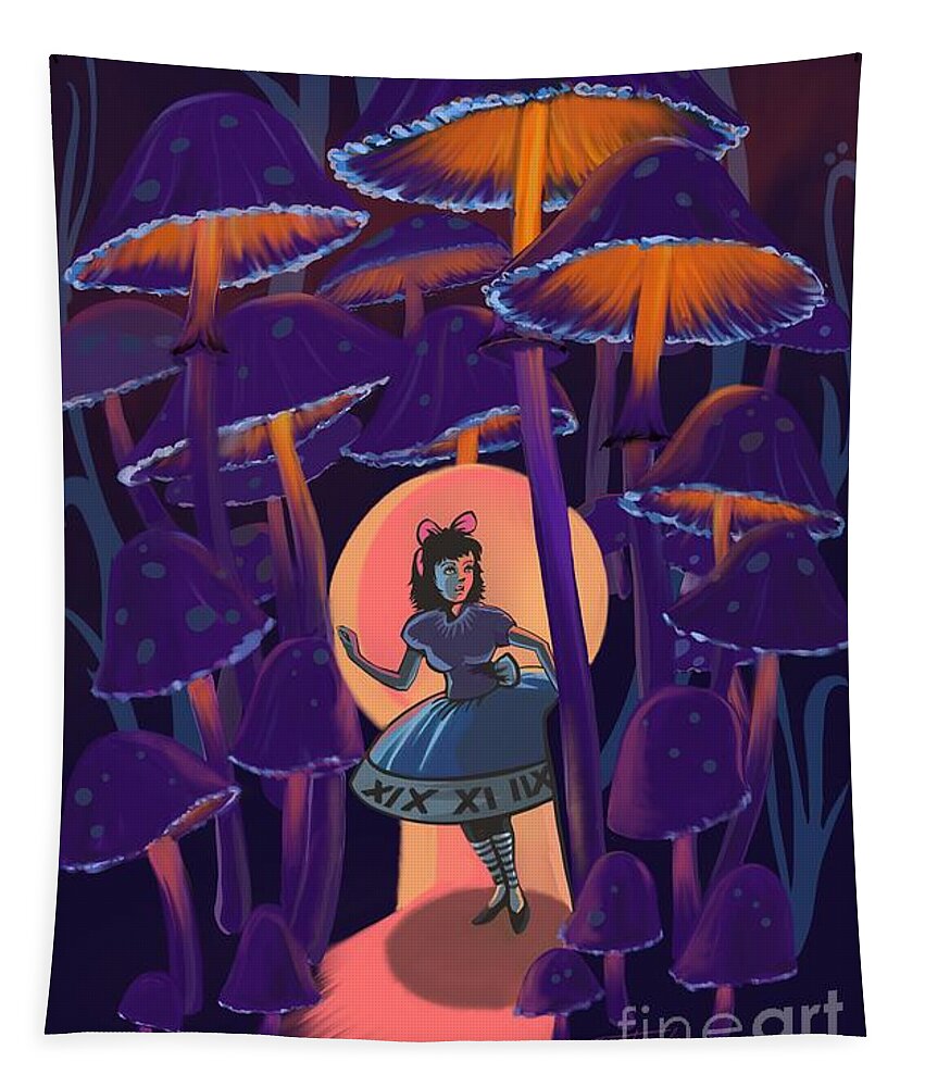 Alice In Wonderland Tapestry featuring the painting Alice in Mushroom Wonderland by Sassan Filsoof