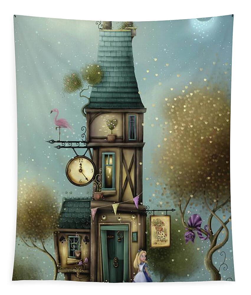Alice In Wonderland Tapestry featuring the painting Alice in wonderland. A Curious House. by Joe Gilronan
