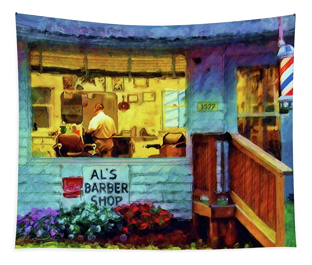 Barbershop Tapestry featuring the painting Al's Barbershop by Joel Smith