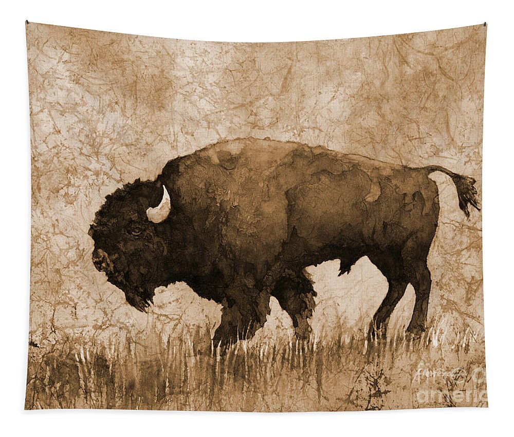 Bison Tapestry featuring the painting American Buffalo 5 in sepia tone by Hailey E Herrera