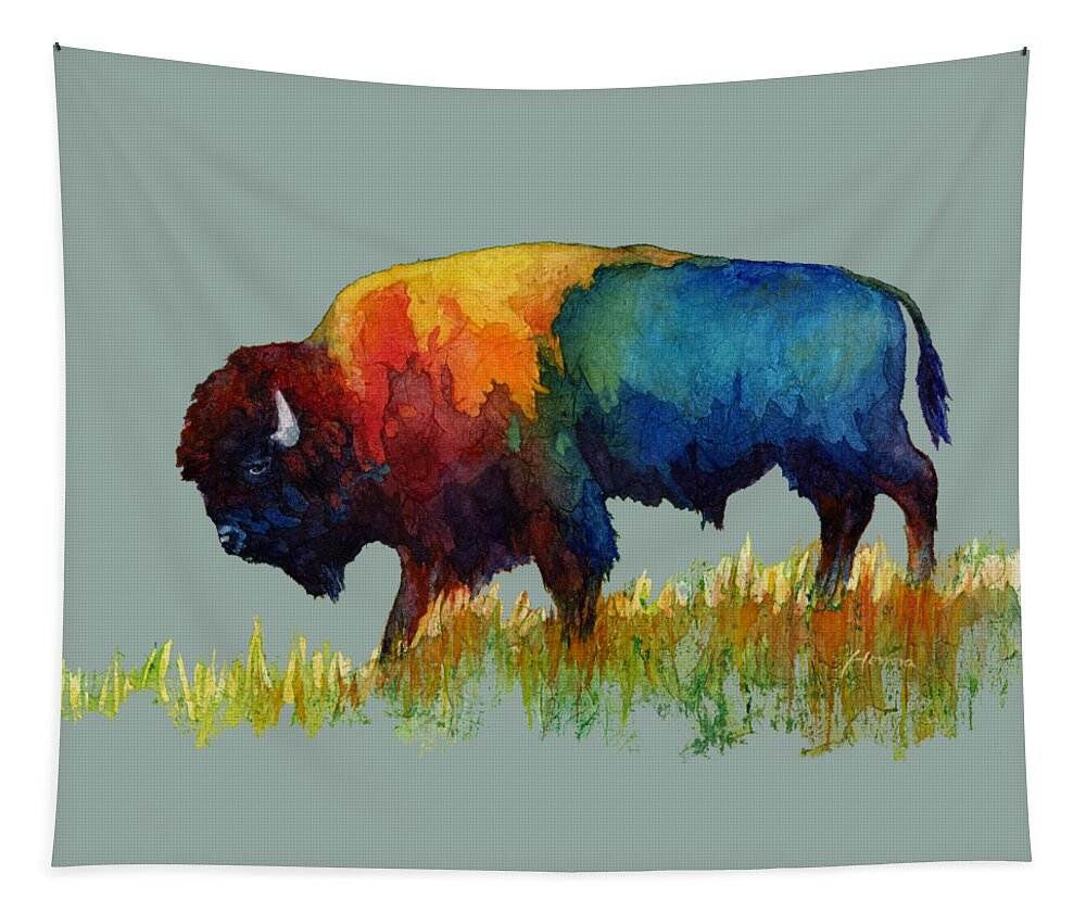 Bison Tapestry featuring the painting American Buffalo III-solid background by Hailey E Herrera