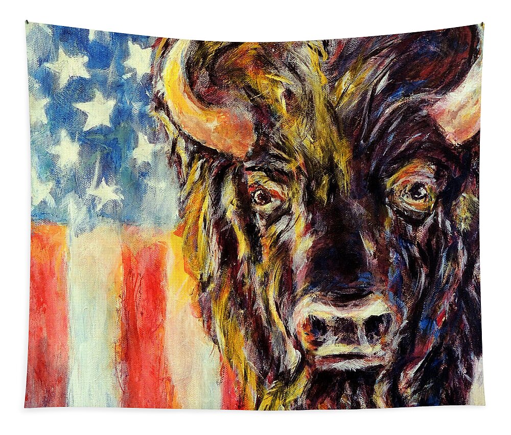 American Buffalo Flag Patriotic Tapestry featuring the painting American Buffalo by John Bohn