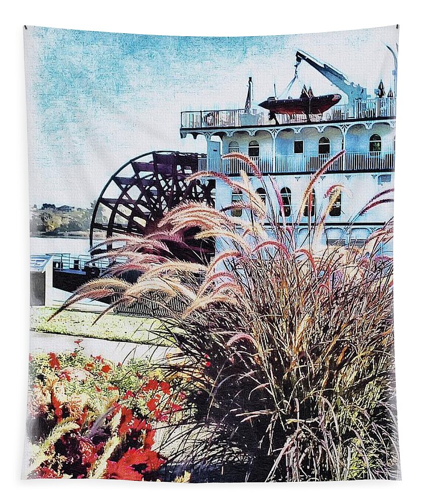 Paddleboat Sky Blue Water Wheel Brown Horsetails Beige Plant Lifeboat Cabins Deck White Sketch Red Flowers Black Tapestry featuring the digital art American Express Paddleboat 2015 by Kathleen Boyles