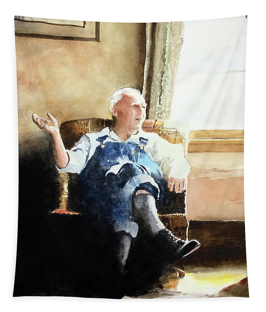  The Bright Mid-day Sunshine Washes Over Mr. Everett Hall As He Sits In A Soft Chair By A Window. Tapestry featuring the painting American Farmer Mr Everett Hall by Monte Toon