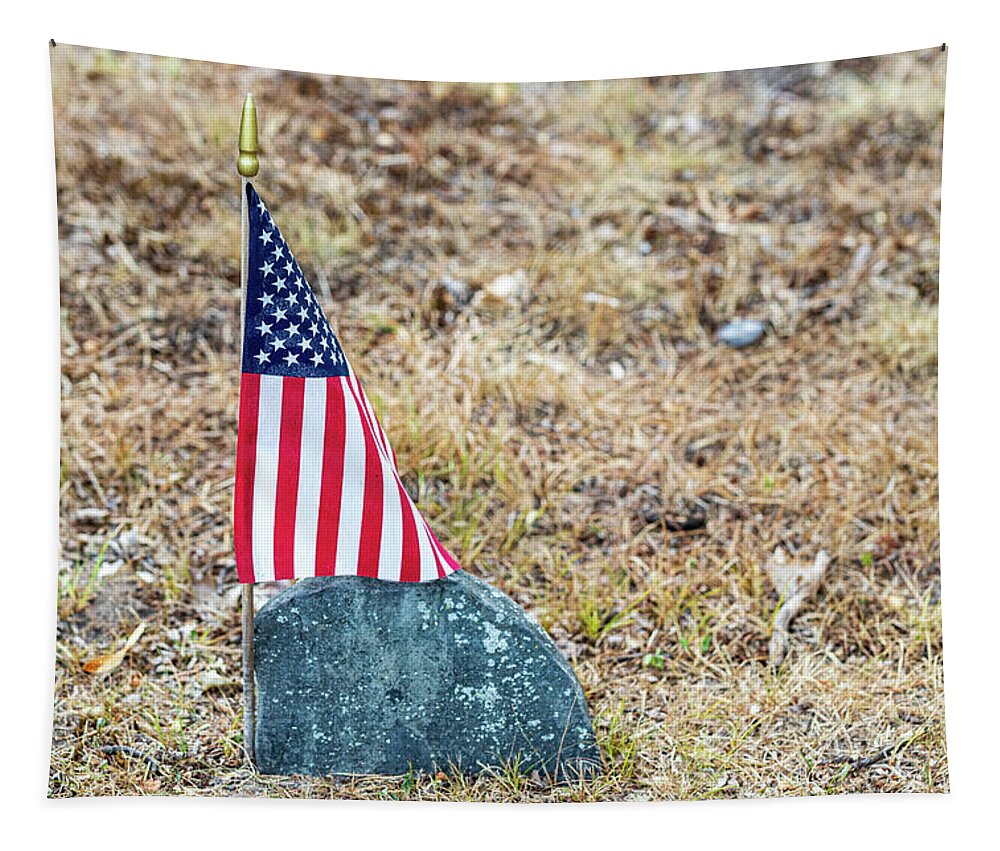 Patriotic Tapestry featuring the photograph American Flag On a Grave by Amelia Pearn