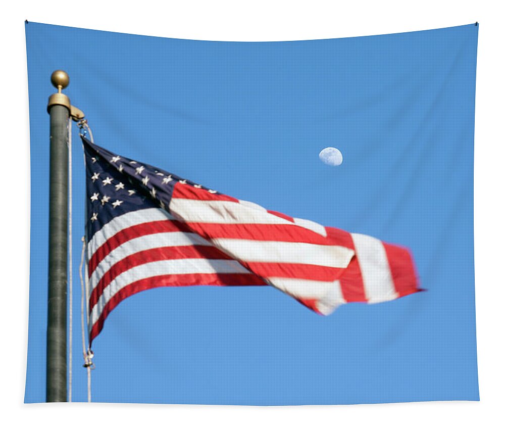American Flag Tapestry featuring the photograph American Flag with Moon by Marilyn Hunt