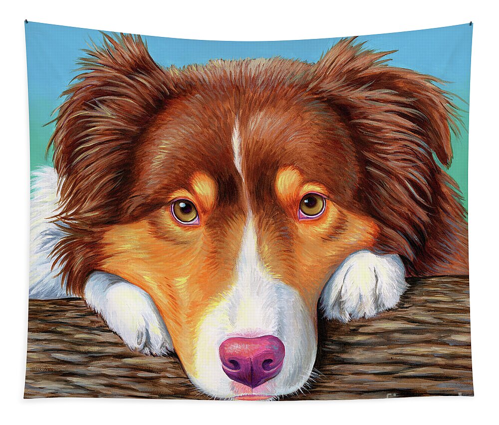 Dog Tapestry featuring the painting Ammo the Red Tricolor Australian Shepherd by Rebecca Wang