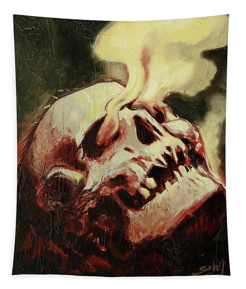 Skull Tapestry featuring the painting Smoking Skull by Sv Bell