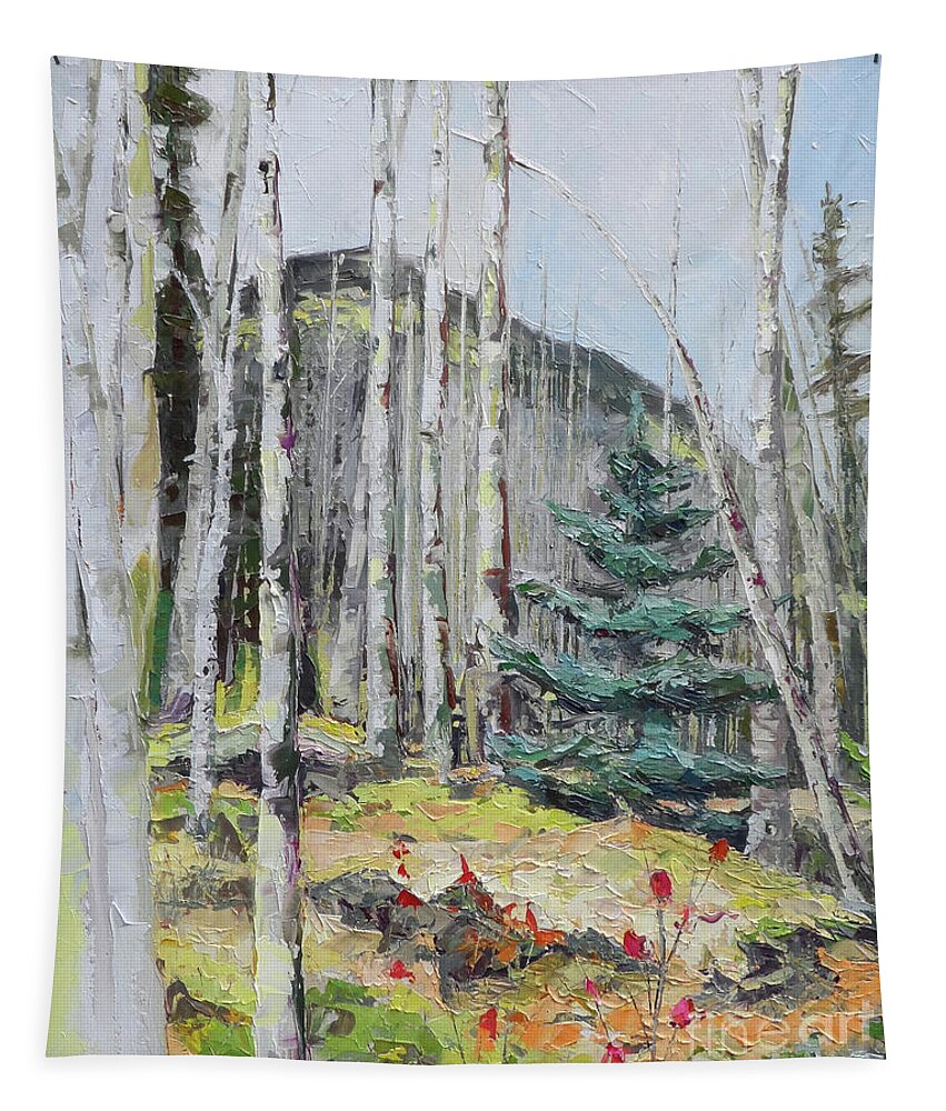 Aspen Tapestry featuring the painting Among the Aspen, 2018 by PJ Kirk