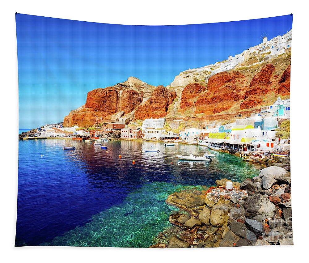 Santorini Tapestry featuring the photograph Amoudi bay, Santorini, Greece by Anastasy Yarmolovich