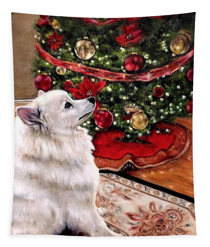 American Eskimo Dog Tapestry featuring the painting An Eskie Christmas by Dr Pat Gehr