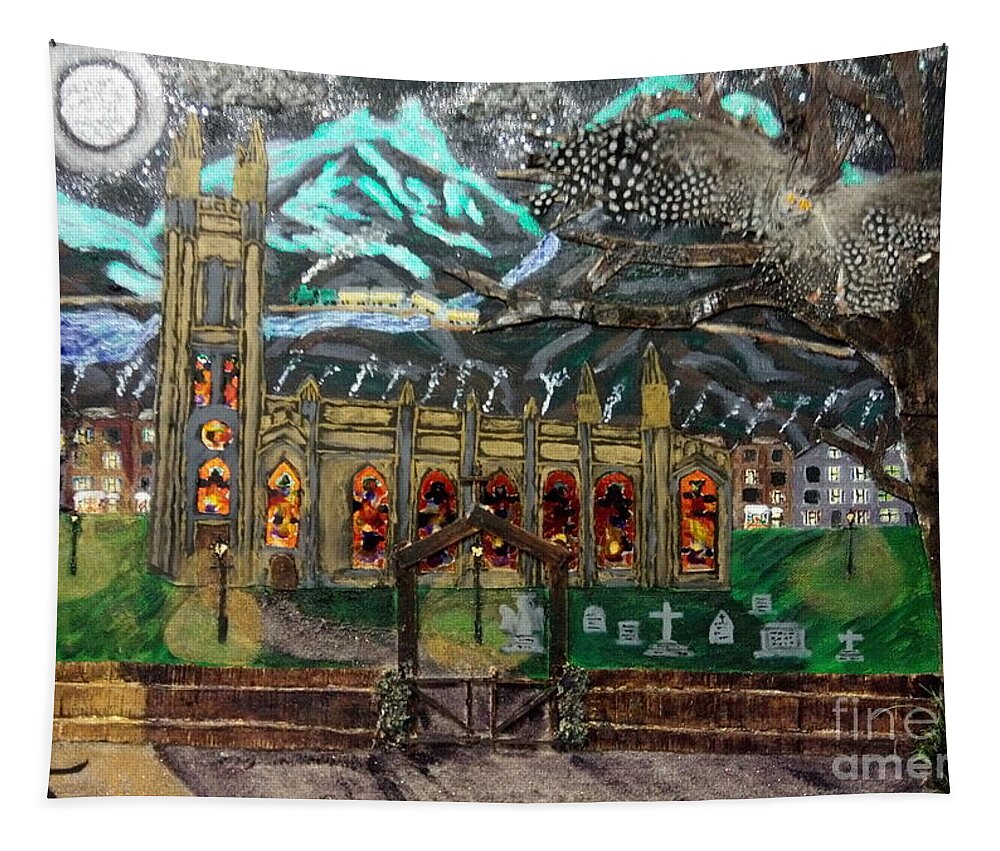 Church Tapestry featuring the mixed media An Owl with a View by David Westwood