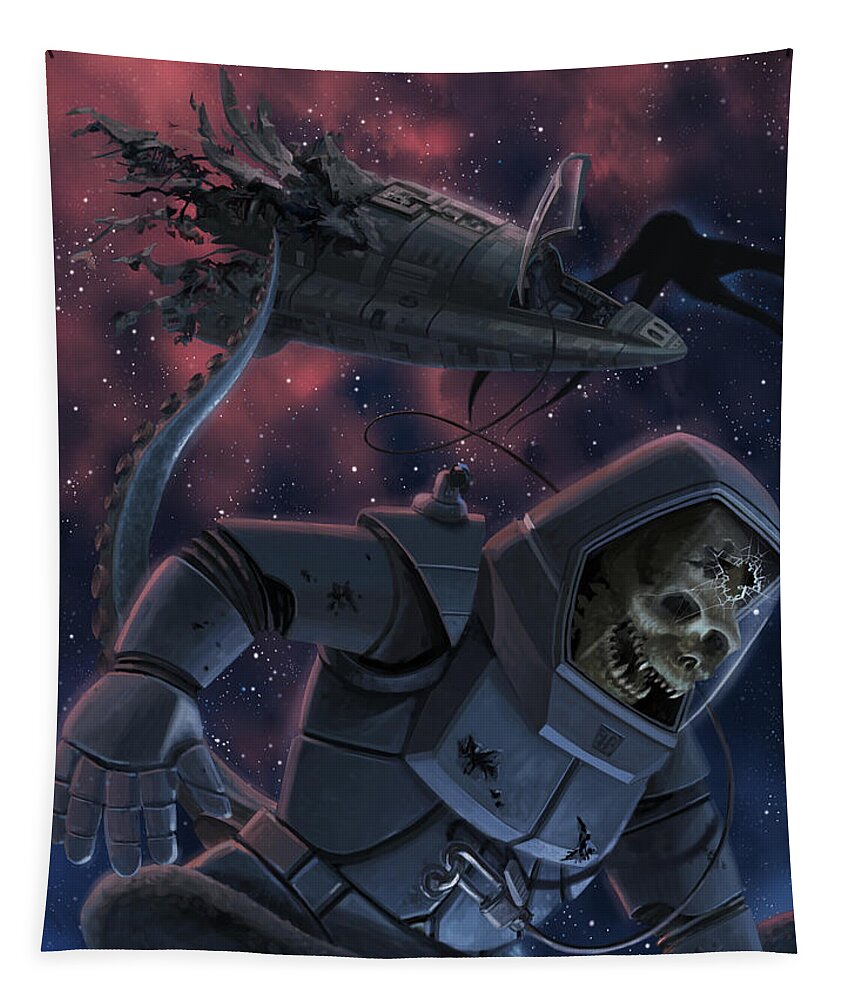 Alien Tapestry featuring the digital art Ancient alien astronaut with damaged space craft by Martin Davey