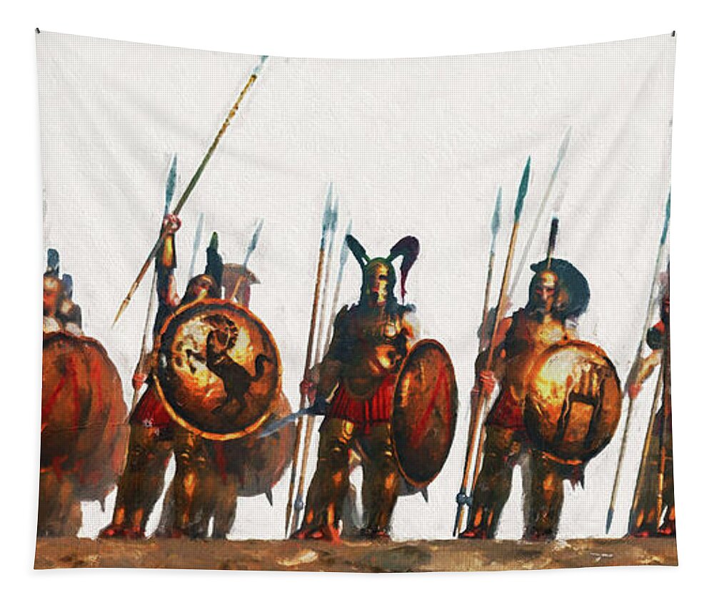 Spartan Tapestry featuring the painting Ancient Warriors, Spartiates - 15 by AM FineArtPrints