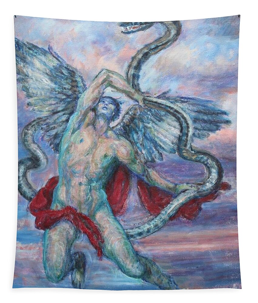 Angel Tapestry featuring the painting Angel Fighting Evil by Veronica Cassell vaz