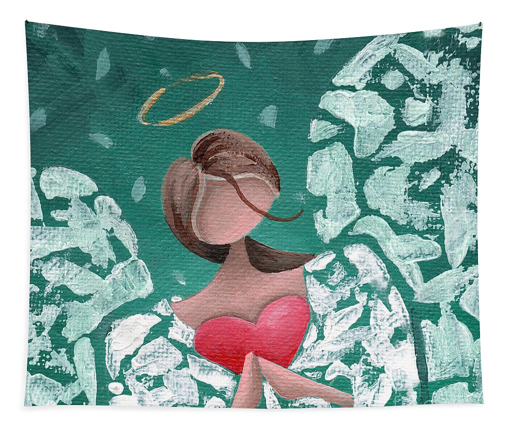 Angel Tapestry featuring the painting Angel Hearted - Teal Square by Annie Troe
