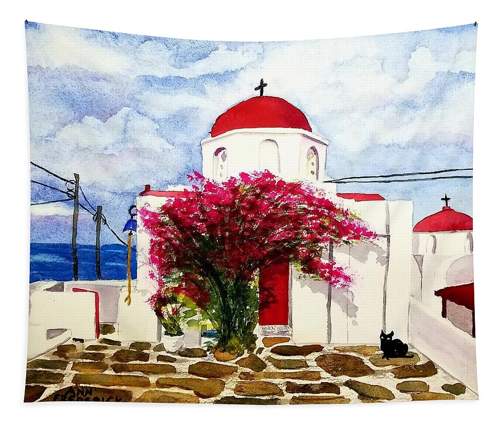Santorini Tapestry featuring the painting Anns' Santorini by Ann Frederick