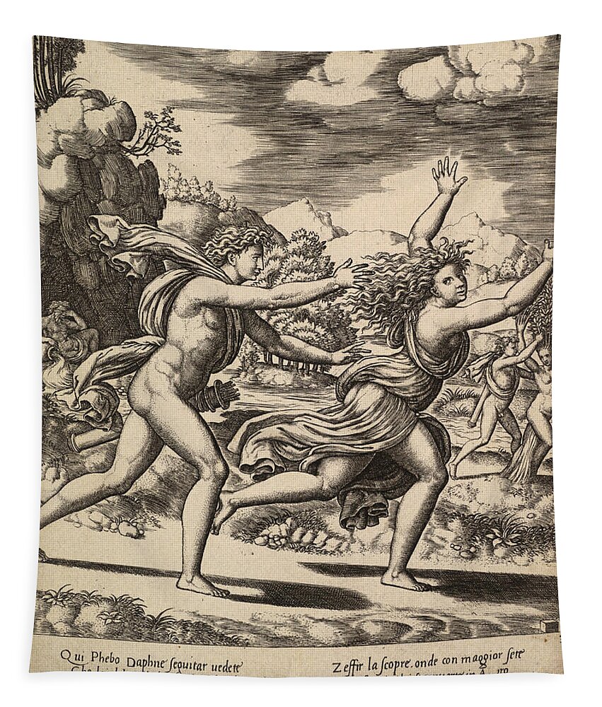 Master Of The Die Tapestry featuring the drawing Apollo chasing Daphne by Master of the Die