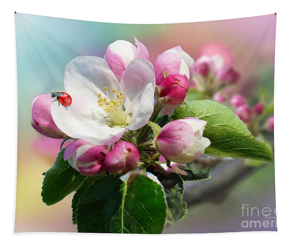 Apple Blossom Tapestry featuring the mixed media Apple Blossom and Ladybug by Morag Bates