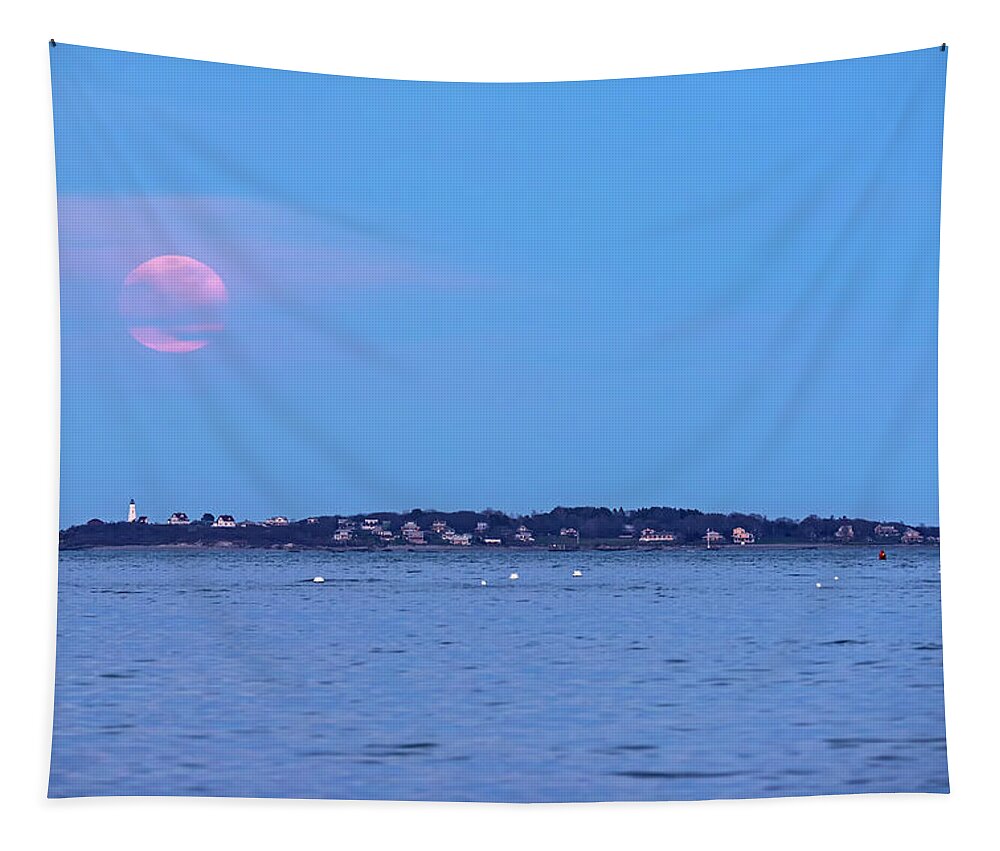 Salem Tapestry featuring the photograph April 2020 Pink Supermoon Over Baker's Island in Salem MA by Toby McGuire