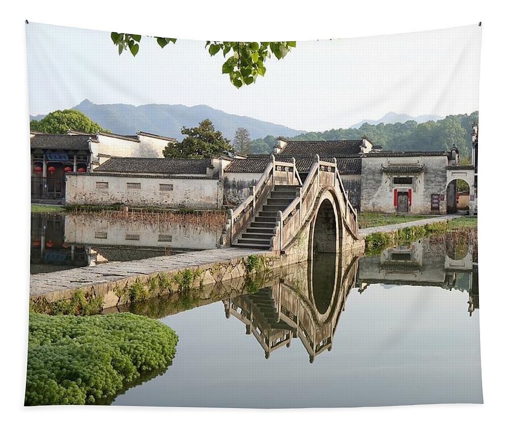 Arched Stone Bridge Tapestry featuring the photograph Arched Stone Bridge in Hong Village by Mingming Jiang