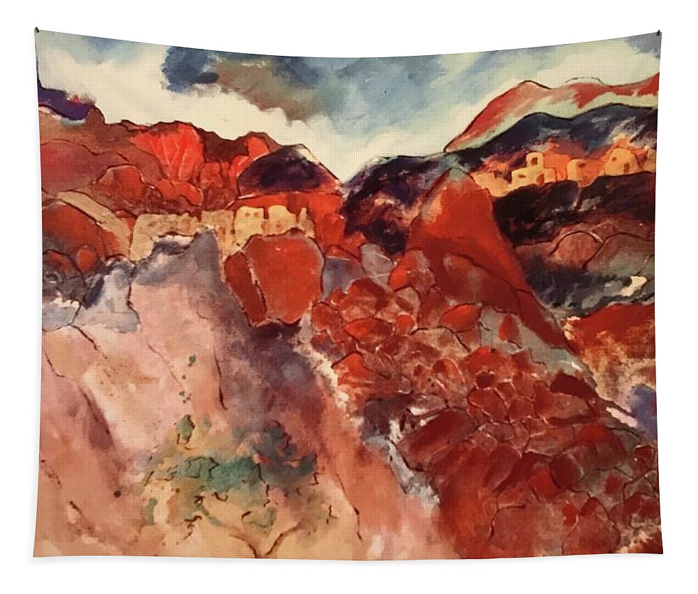 Southwest Landscape Tapestry featuring the painting Arizona Cave Dwellings by Elaine Elliott