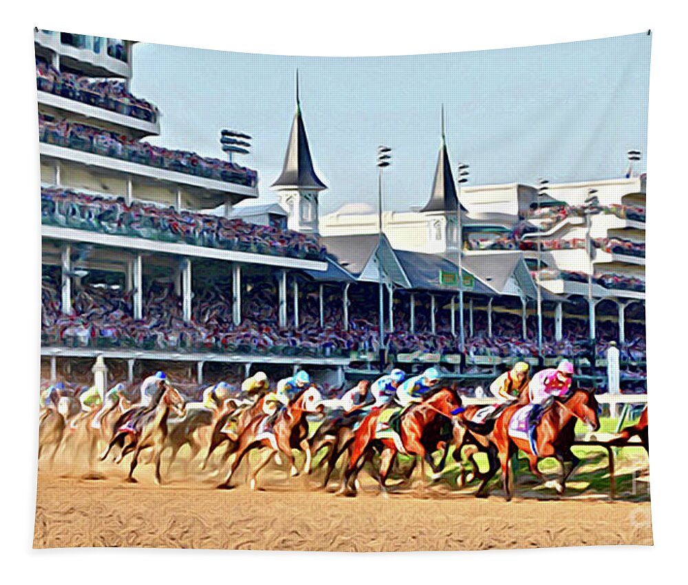Churchill Downs Tapestry featuring the digital art Around The First Turn by CAC Graphics