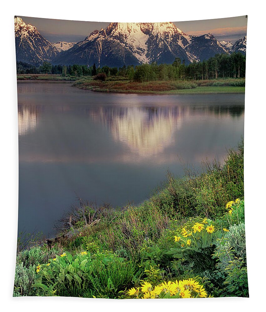 Dave Welling Tapestry featuring the photograph Arrowleaf Balsamrood Mount Moran Grand Tetons Np by Dave Welling