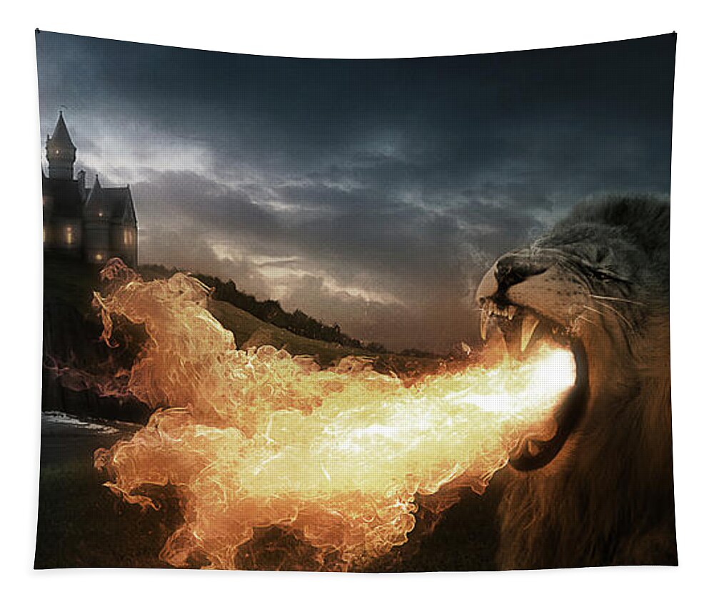 Lion Tapestry featuring the digital art Art - Lion of Fire by Matthias Zegveld