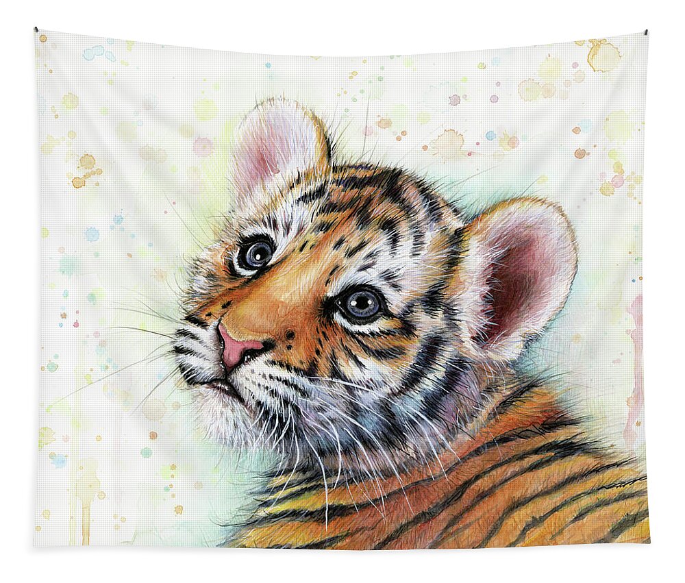 Tiger Tapestry featuring the painting Tiger Cub Watercolor Painting by Olga Shvartsur
