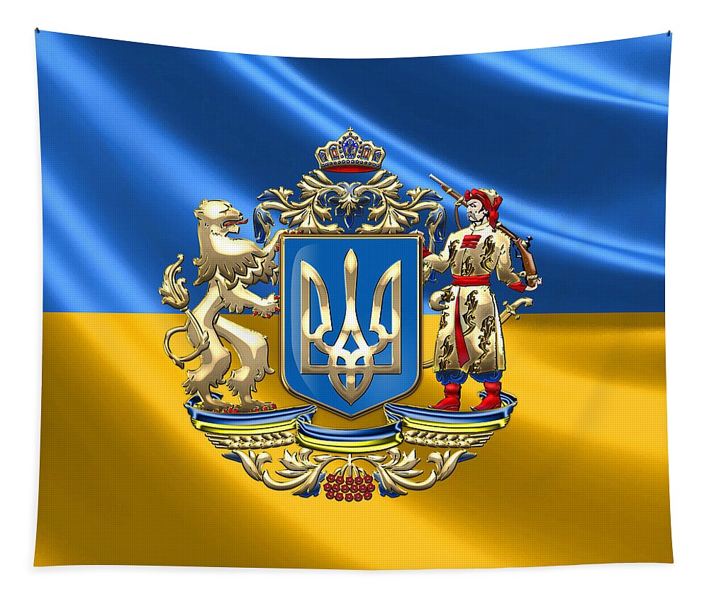 World Heraldry Collection By Serge Averbukh Tapestry featuring the digital art Ukraine - Proposed Greater Coat of Arms over Ukrainian Flag by Serge Averbukh