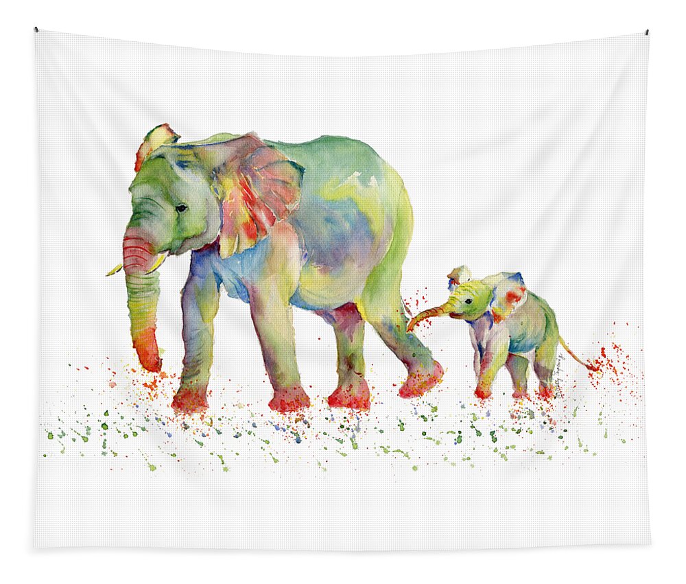 Elephant Tapestry featuring the painting Elephant Family Watercolor by Melly Terpening
