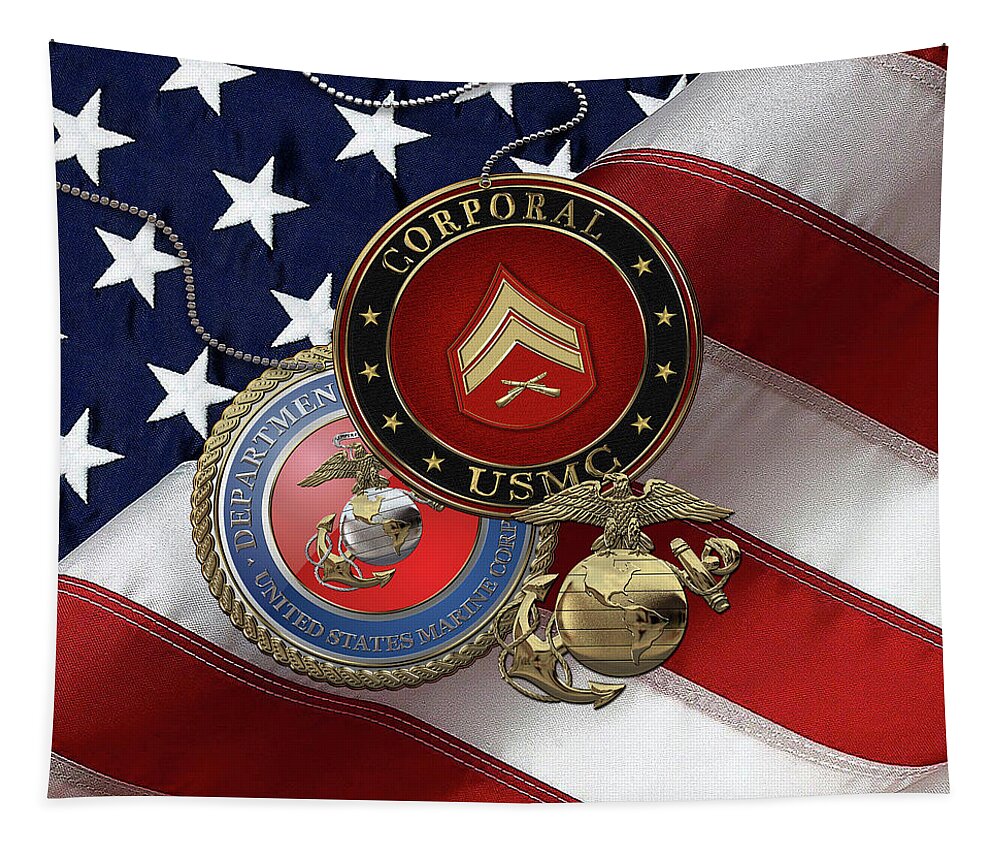 Military Insignia & Heraldry Collection By Serge Averbukh Tapestry featuring the digital art U.S. Marine Corporal Rank Insignia with Seal and EGA over American Flag by Serge Averbukh