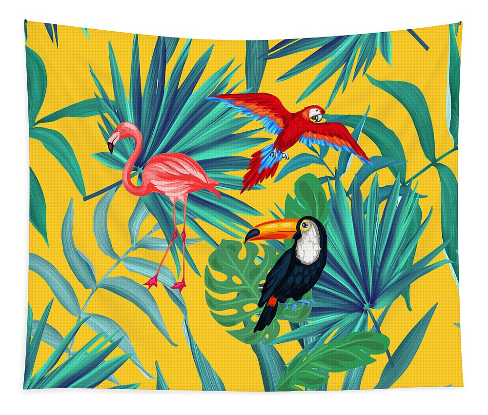 Parrot Tapestry featuring the digital art Yellow Tropic by Mark Ashkenazi