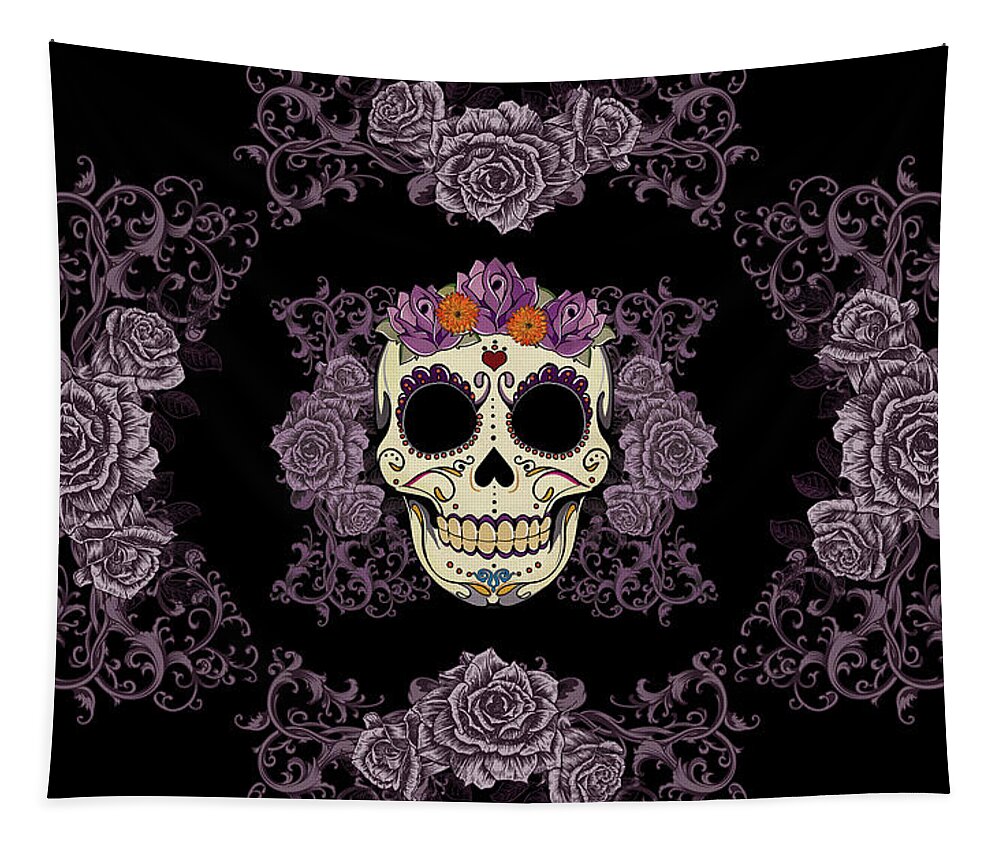 Sugar Skull Tapestry featuring the digital art Vintage Sugar Skull and Roses by Tammy Wetzel