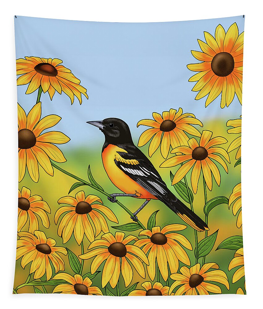 Bird Tapestry featuring the digital art Maryland State Bird Oriole and Daisy Flower by Crista Forest