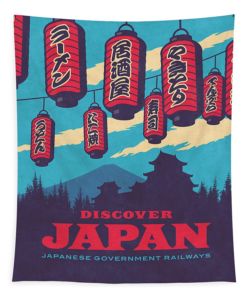 Japan Tapestry featuring the digital art Japan Travel Tourism with Japanese Castle, Mt Fuji, Lanterns Retro Vintage - Blue by Organic Synthesis