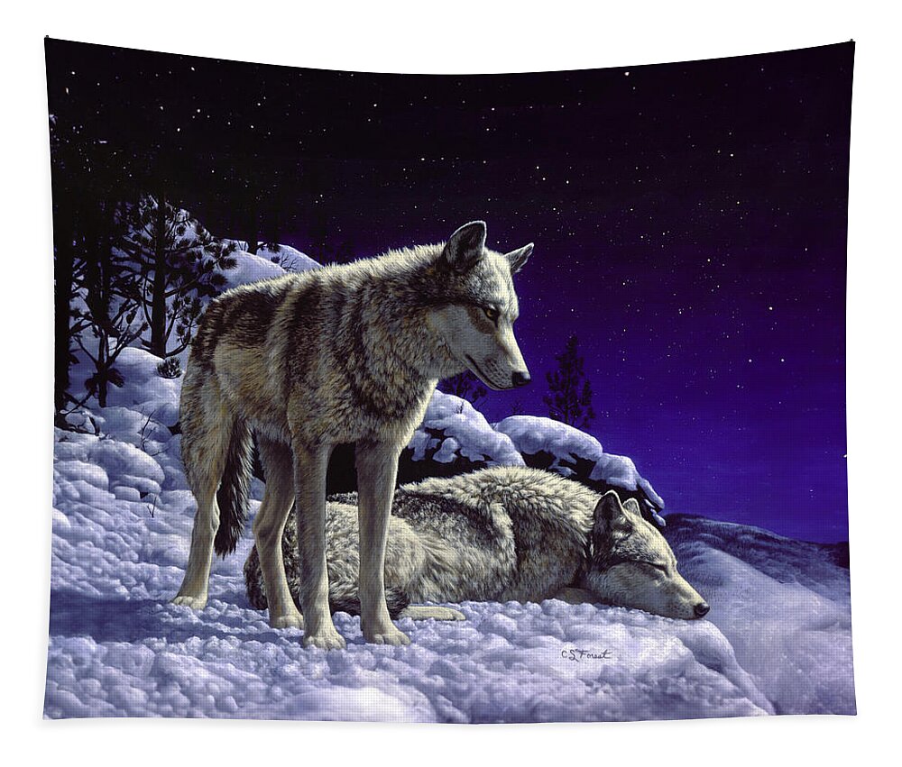 Wolf Tapestry featuring the painting Wolf Painting - Night Watch by Crista Forest