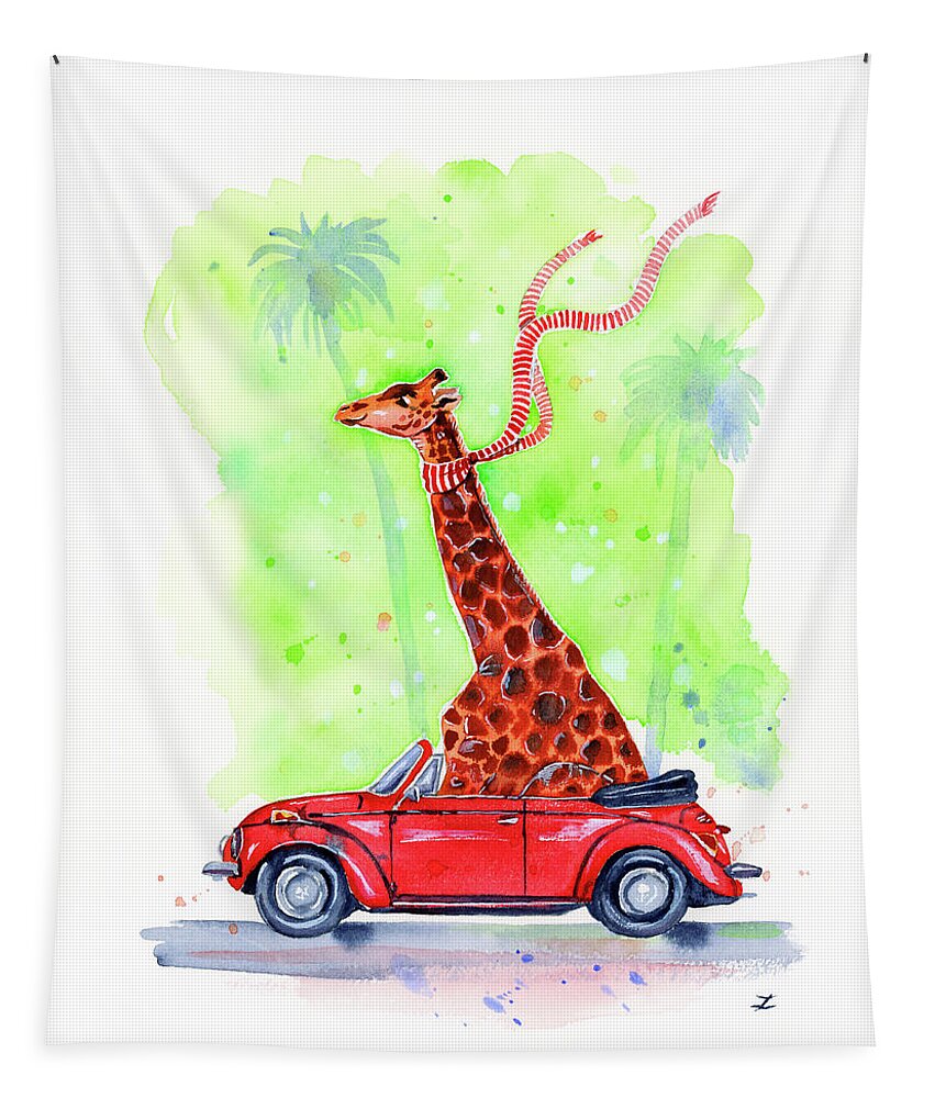 Funny Giraffe Tapestry featuring the painting Giraffe in a Beetle by Zaira Dzhaubaeva