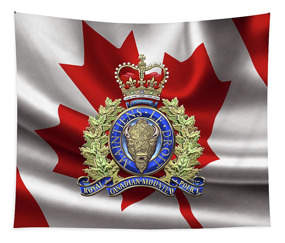 'insignia & Heraldry' Collection By Serge Averbukh Tapestry featuring the digital art Royal Canadian Mounted Police - R C M P Badge over Canadian Flag by Serge Averbukh