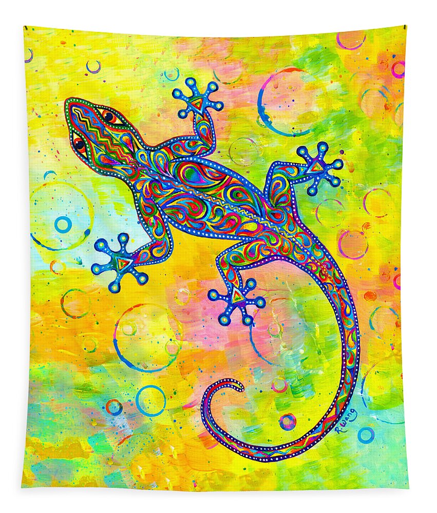 Gecko Tapestry featuring the painting Electric Gecko by Rebecca Wang