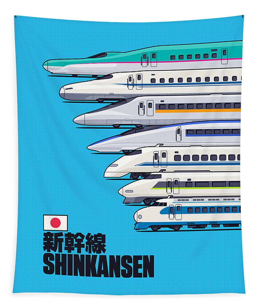 Train Tapestry featuring the digital art Shinkansen Bullet Train Evolution - Cyan by Organic Synthesis