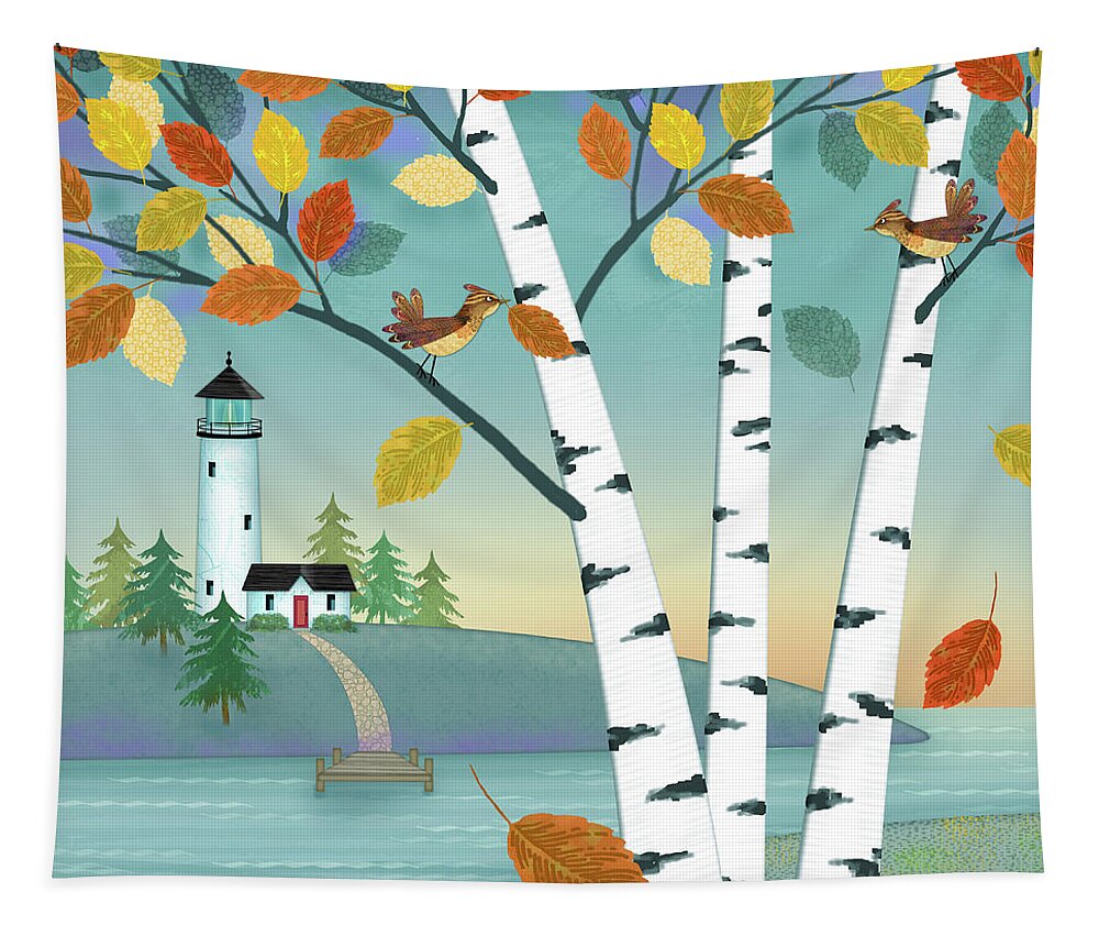 Trees Tapestry featuring the digital art Lakeside in the Fall by Valerie Drake Lesiak
