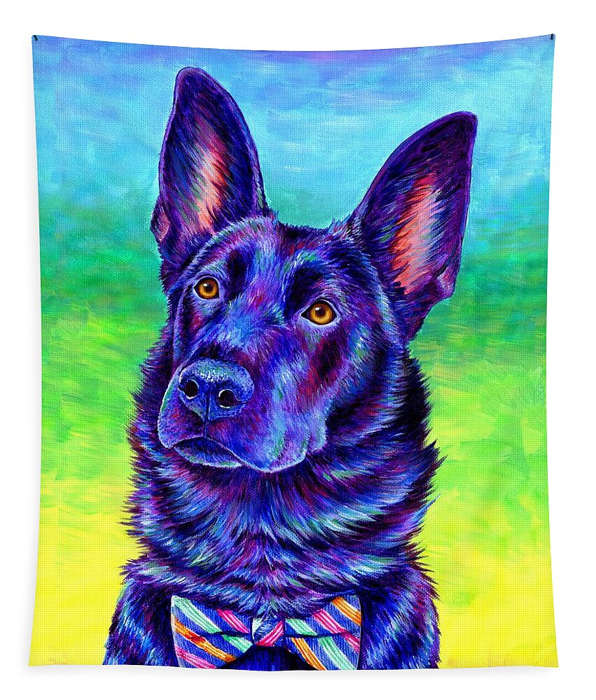 German Shepherd Tapestry featuring the painting Colorful Black German Shepherd Dog by Rebecca Wang