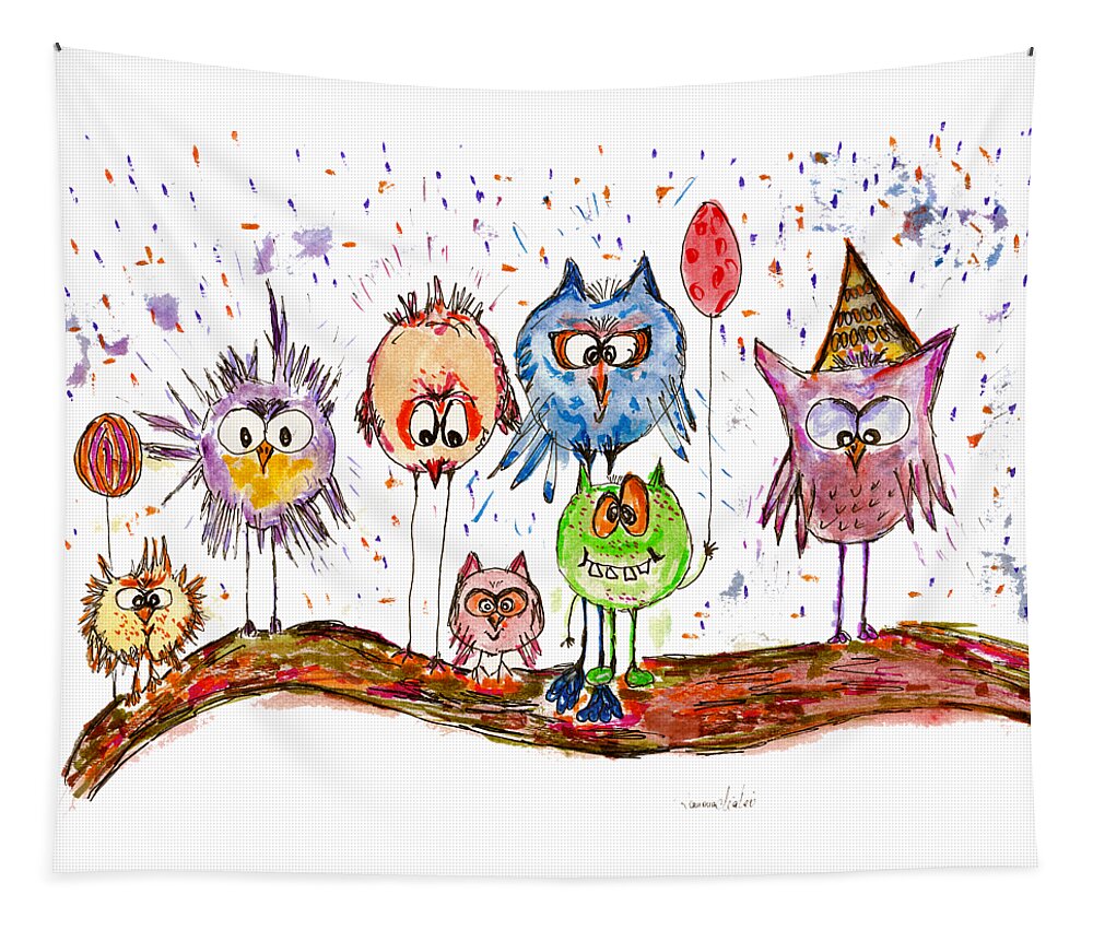 Owls Tapestry featuring the painting Crazy Bastards on a Wild Party by Ramona Matei