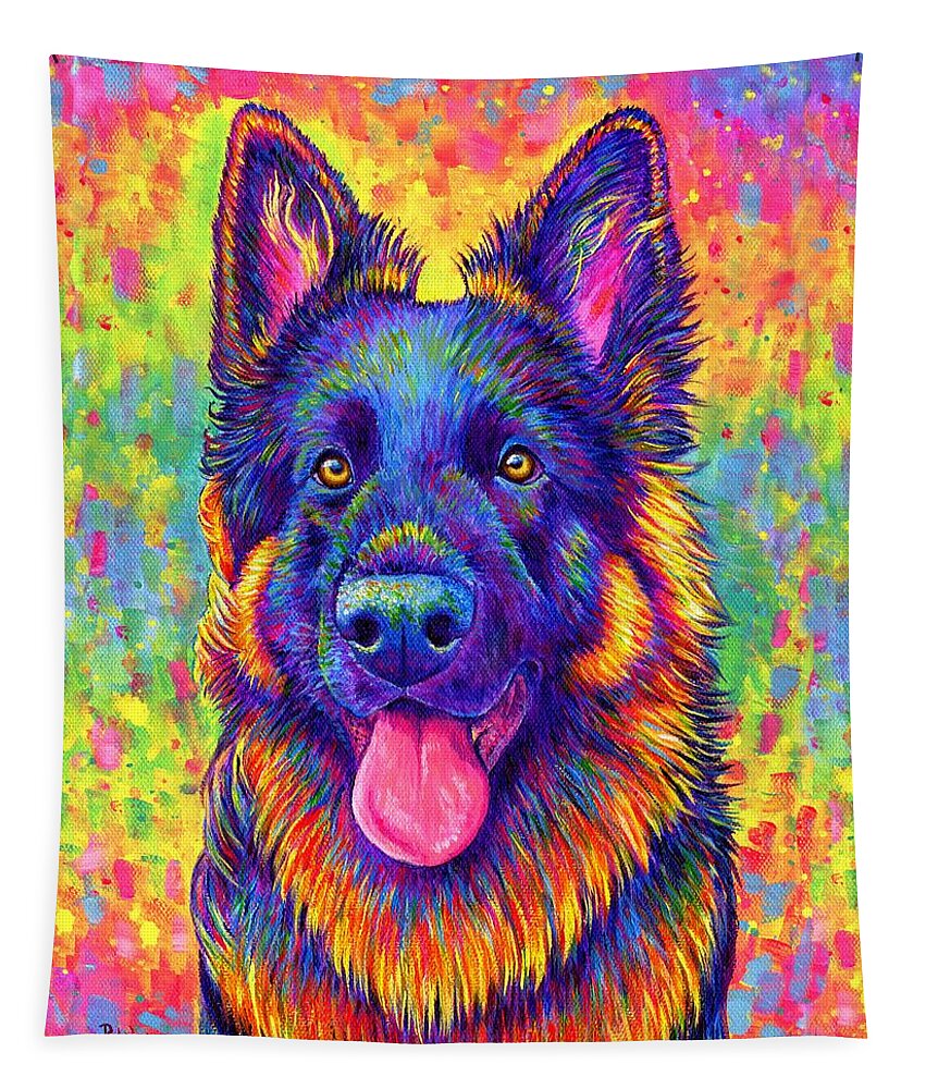 German Shepherd Tapestry featuring the painting Psychedelic Rainbow German Shepherd Dog by Rebecca Wang