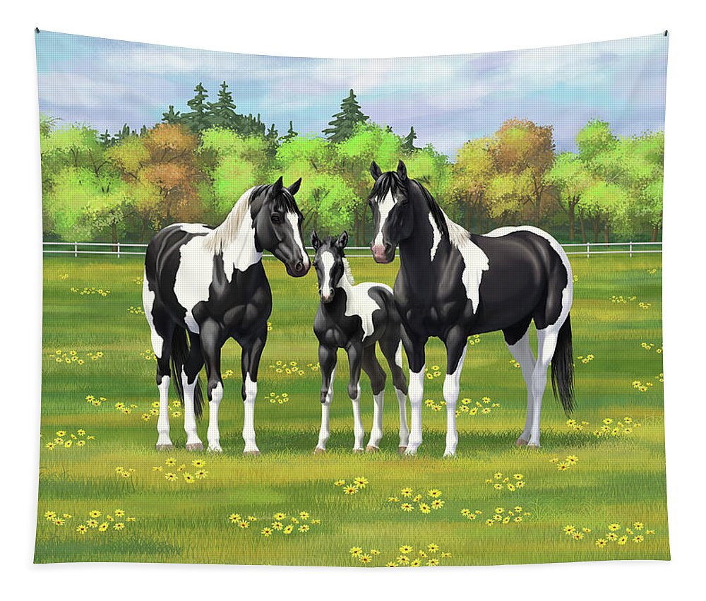 Horses Tapestry featuring the painting Black Pinto Paint Quarter Horses in Summer Pasture by Crista Forest