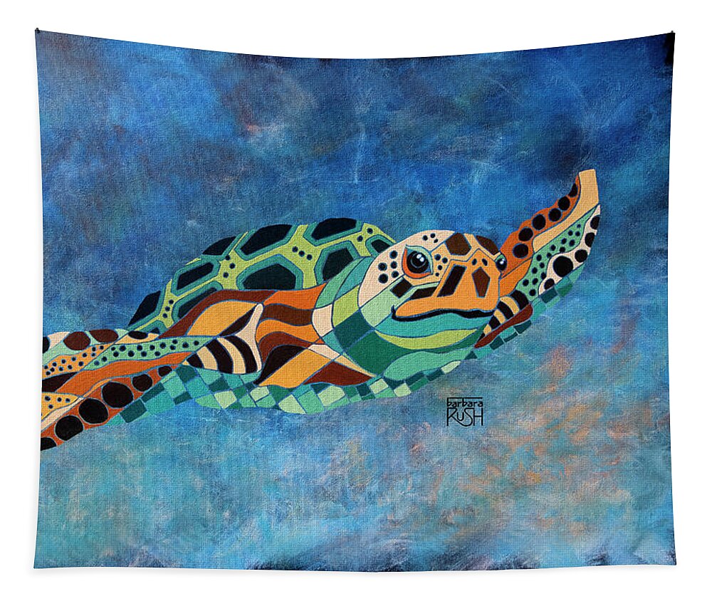 Sea Turtle Tapestry featuring the painting Gently Gliding Along Sea Turtle by Barbara Rush
