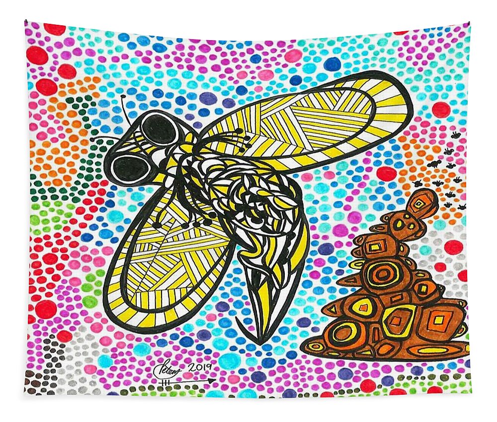 Bumble Bee Tapestry featuring the drawing Funky Bee by Peter Johnstone