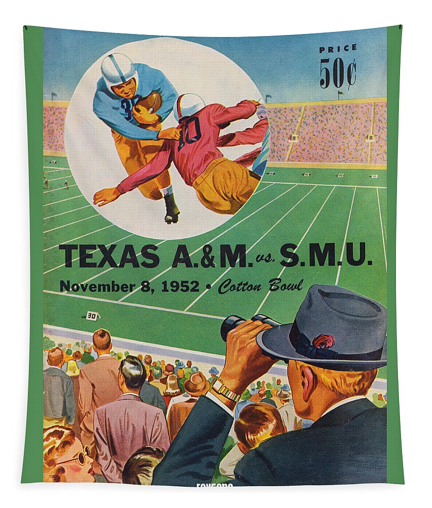 Smu Tapestry featuring the mixed media 1952 Southern Methodist University Football Art by Row One Brand